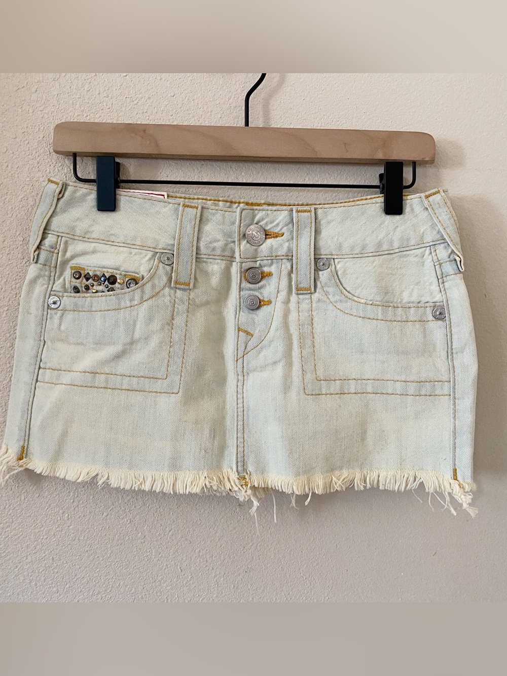 Vintage Y2K True Religion Size 25 Denim Micro Mini Skirt Jewel Embellishments